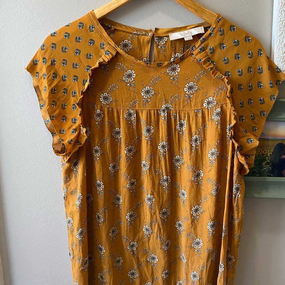 LOFT Mustard Floral Ruffle Sleeve Blouse | Boho Peasant Top